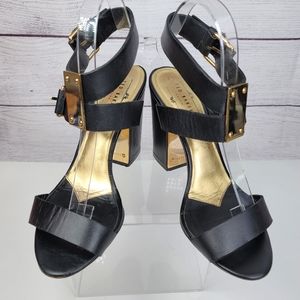 Ted Baker London Lissome Block Heel Ankle Strap Black Leather Sandals Sz 8 US